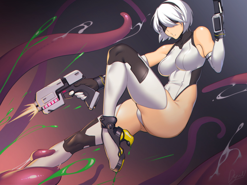 1girl alternate_costume bare_shoulders black_blindfold black_hairband blindfold boots breasts covered_eyes dual_wielding dyun elbow_gloves firing gloves gun hairband handgun high_heel_boots high_heels highleg highleg_leotard highres holding holding_weapon large_breasts leotard mole mole_under_mouth nier_(series) nier_automata short_hair signature slime solo tentacles thigh-highs weapon white_leotard yorha_no._2_type_b