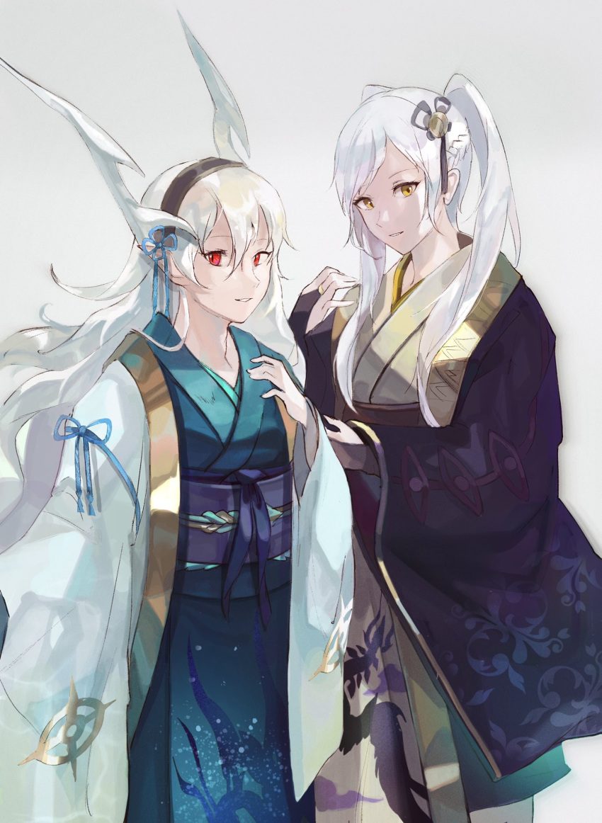 2girls bridal_gauntlets corrin_(fire_emblem) corrin_(fire_emblem)_(female) fire_emblem fire_emblem_awakening fire_emblem_fates gimkamres04 hair_ornament hairband haori highres horns japanese_clothes kimono long_hair looking_at_viewer multiple_girls parted_lips pointy_ears red_eyes robin_(fire_emblem) robin_(fire_emblem)_(female) silver_hair smile twintails yellow_eyes