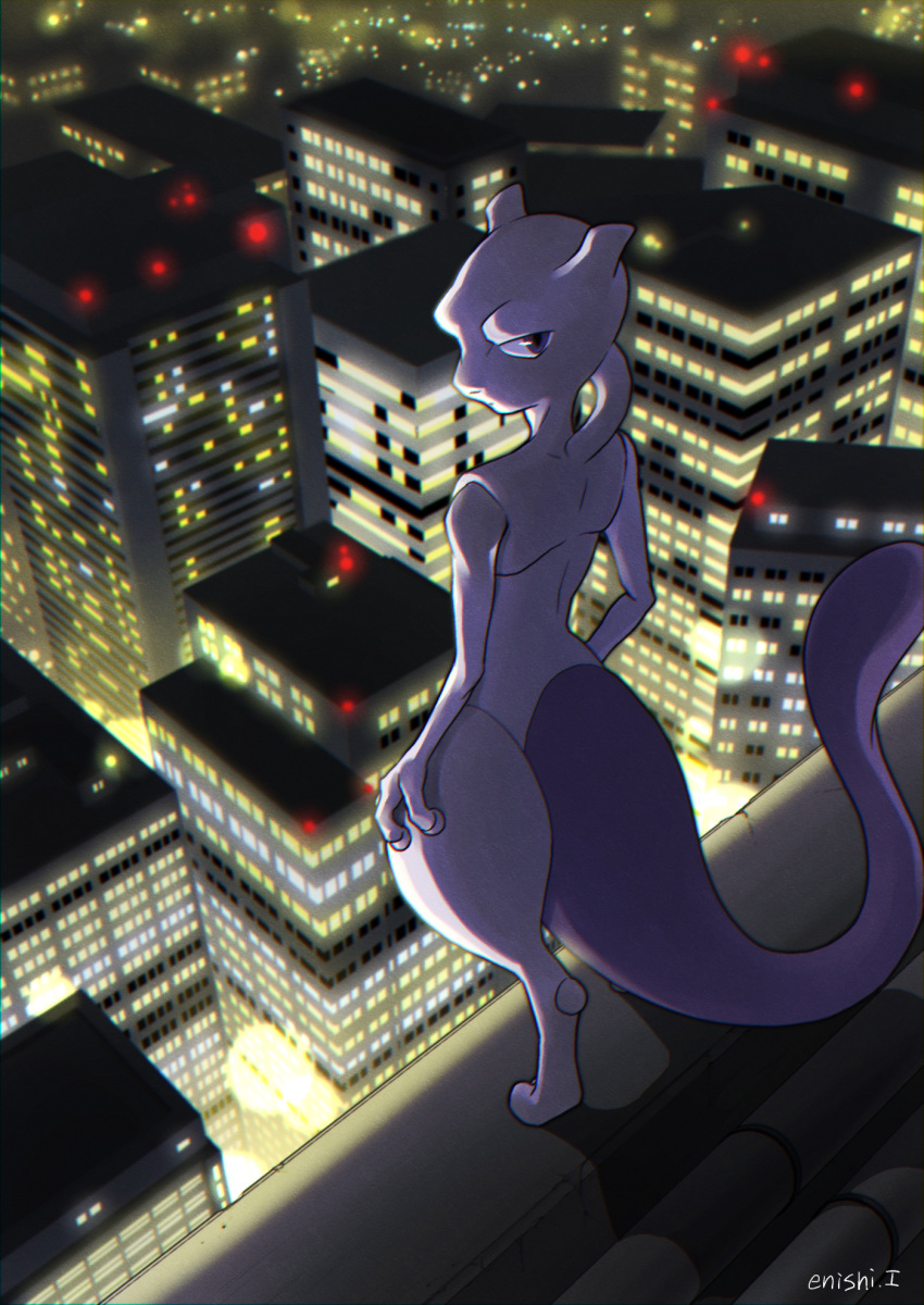 building city commentary_request creature dark enishi_(menkura-rin10) full_body gen_1_pokemon highres legendary_pokemon light looking_at_viewer looking_back mewtwo night no_humans pokemon pokemon_(creature) serious shadow signature solo standing violet_eyes