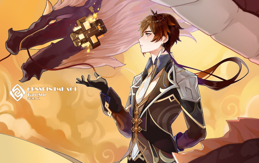 1boy arm_behind_back bangs black_gloves brown_hair clouds collar dragon floating floating_object formal fur genshin_impact gloves hair_between_eyes hand_up highres jacket jewelry long_hair long_sleeves male_focus open_mouth ponytail rex_lapis_(genshin_impact) ring single_earring solo suit tangshi_q whiskers yellow_eyes zhongli_(genshin_impact)