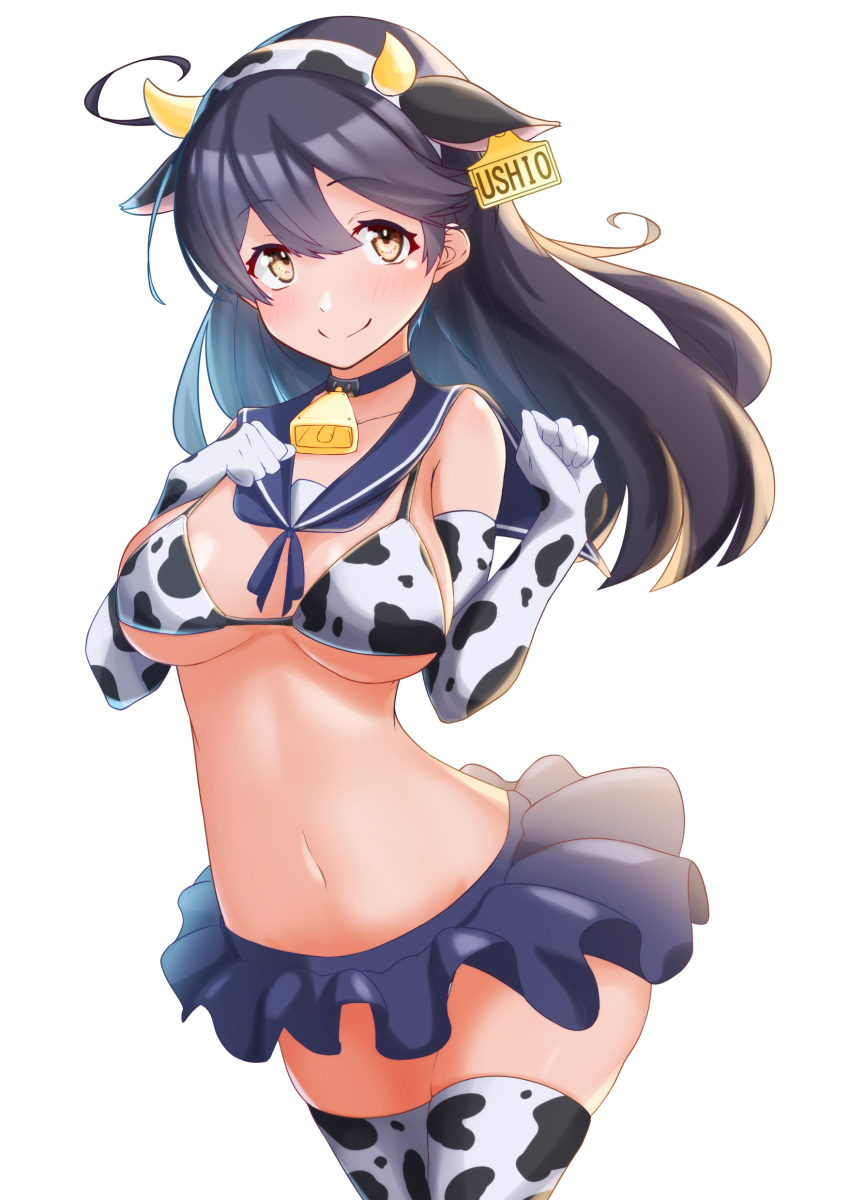 1girl absurdres animal_print ayuman bell black_hair blush brown_eyes closed_mouth cow_horns cow_print cowbell cowboy_shot elbow_gloves eyebrows_visible_through_hair gloves hair_between_eyes highres horns kantai_collection long_hair simple_background smile solo thigh-highs ushio_(kantai_collection) white_background white_gloves