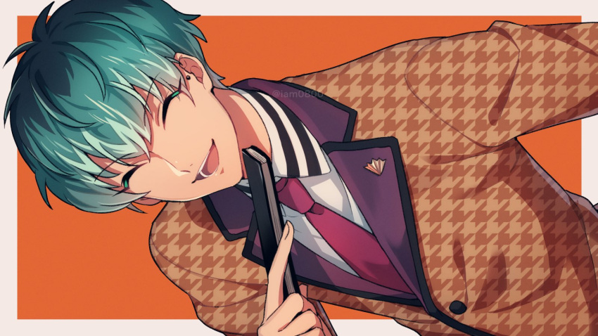 1boy :d ^_^ bangs border brown_jacket brown_suit buttons closed_eyes closed_fan collared_shirt commentary dutch_angle ear_piercing eyebrows_visible_through_hair facing_viewer fan folding_fan formal green_hair hand_up happy highres holding holding_fan houndstooth hypnosis_mic jacket lapel_pin male_focus necktie nurude_sasara open_mouth orange_background outside_border piercing pink_neckwear sayshownen shirt short_hair simple_background smile solo suit twitter_username upper_body watermark white_border white_shirt