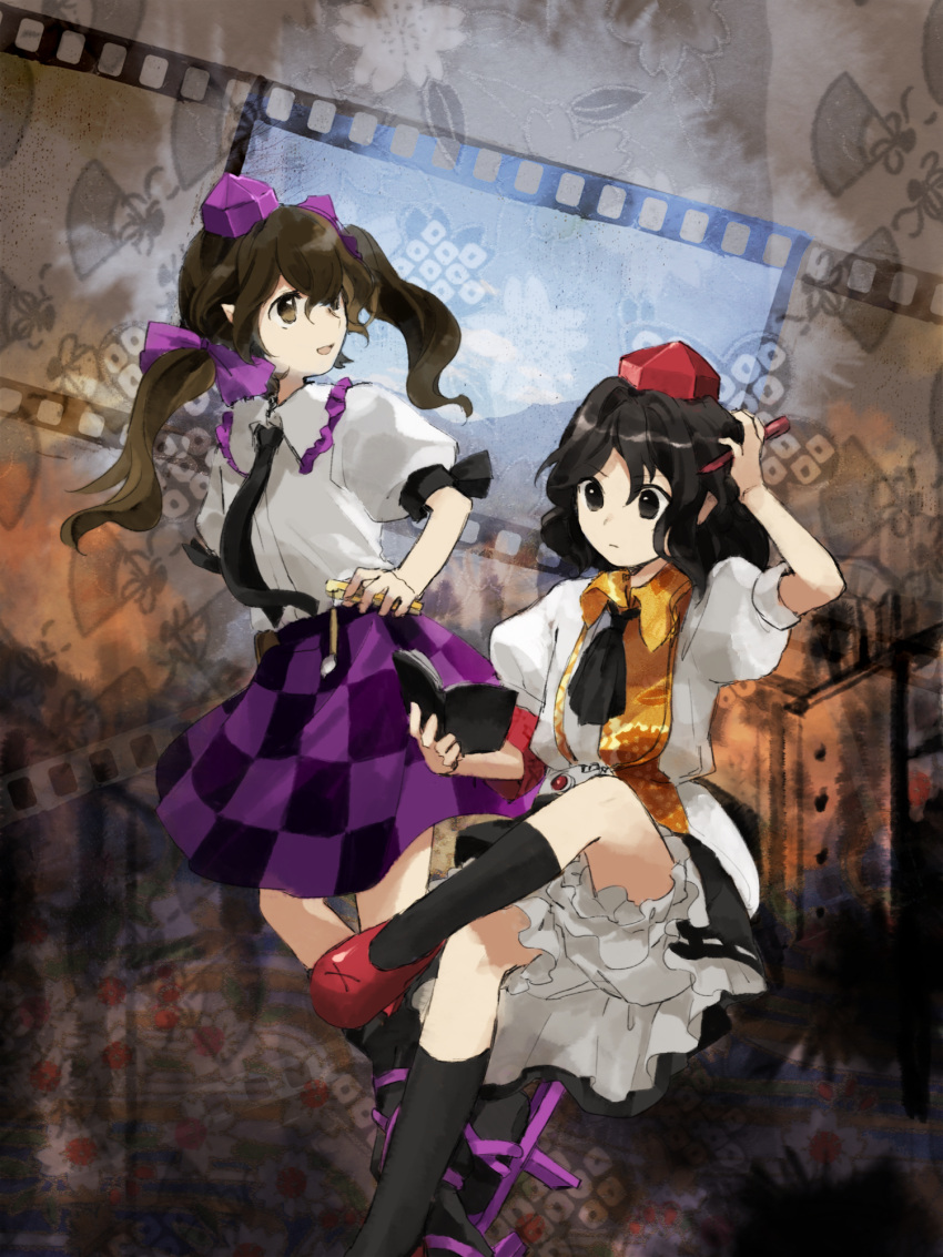 2girls ascot black_hair black_legwear black_neckwear black_skirt bloomers book bow brown_hair cellphone checkered checkered_skirt collared_shirt crossed_legs frilled_skirt frills geta hand_on_hip hand_on_own_head hat highres himekaidou_hatate holding holding_book holding_pencil holding_phone kaigen_1025 long_hair miniskirt multiple_girls necktie pencil phone pointy_ears puffy_sleeves purple_bow purple_footwear purple_headwear purple_skirt red_footwear red_headwear shameimaru_aya shirt short_hair short_sleeves skirt socks tengu-geta tokin_hat touhou twintails underwear white_shirt