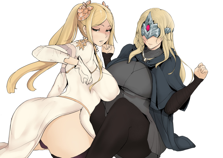 2girls absurdres bangs black_legwear black_panties blonde_hair breasts cloak closed_mouth covered_eyes covered_nipples dark_souls_iii dress eye_mask fire_keeper gloves grey_dress hair_ornament high_ponytail highres large_breasts long_hair mask multiple_girls panties pantyhose parted_bangs parted_lips puzenketsu side_slit sidelocks souls_(from_software) thigh-highs underwear white_background white_dress white_gloves yorha_infantry_squad_commander