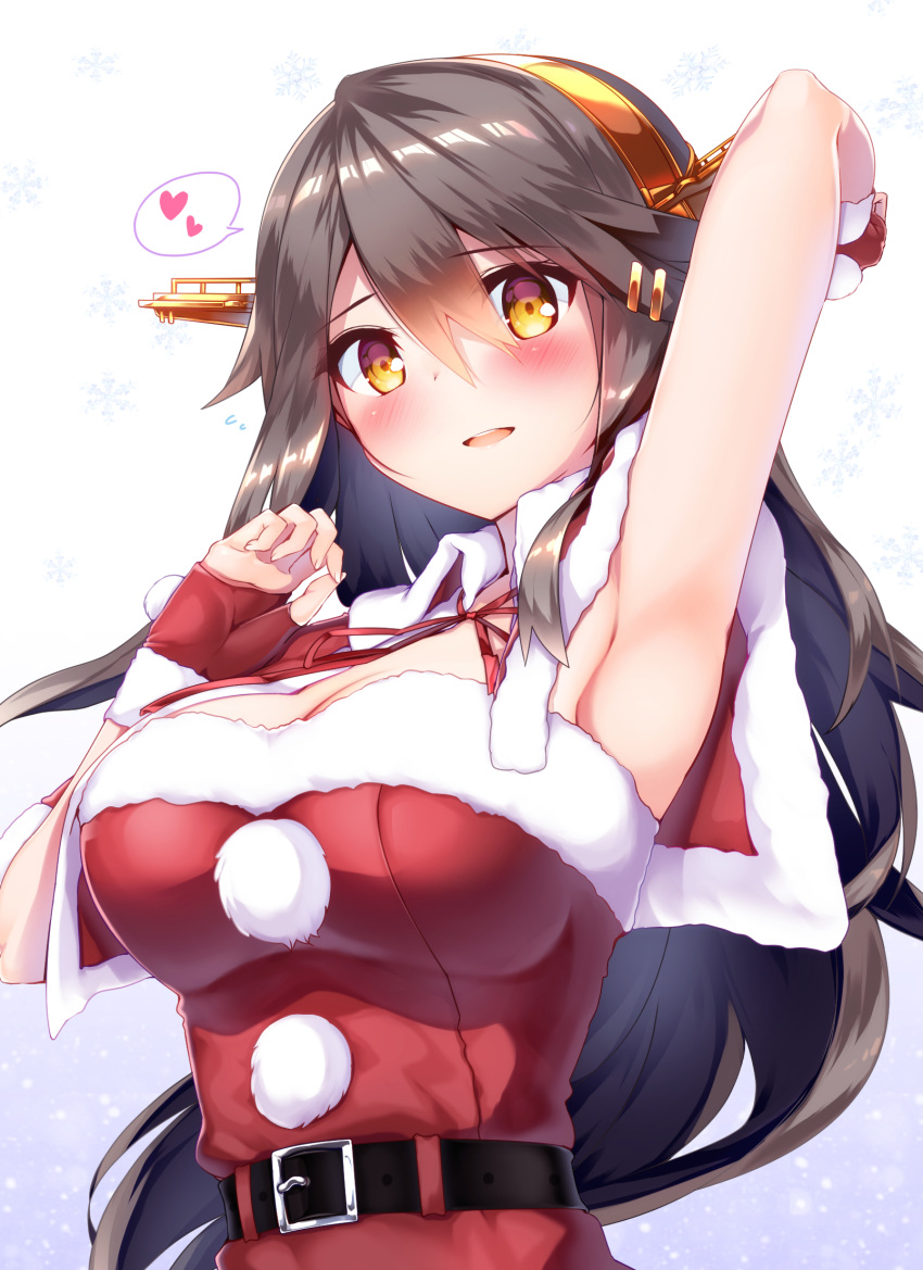 1girl black_hair brown_eyes dress fingerless_gloves fur-trimmed_dress fur_trim gloves gradient gradient_background grey_background hair_ornament hairband hairclip haruna_(kantai_collection) headgear heart highres kantai_collection long_hair looking_at_viewer official_alternate_costume red_dress red_gloves snowflake_background solo spoken_heart strapless tsukui_kachou upper_body white_background