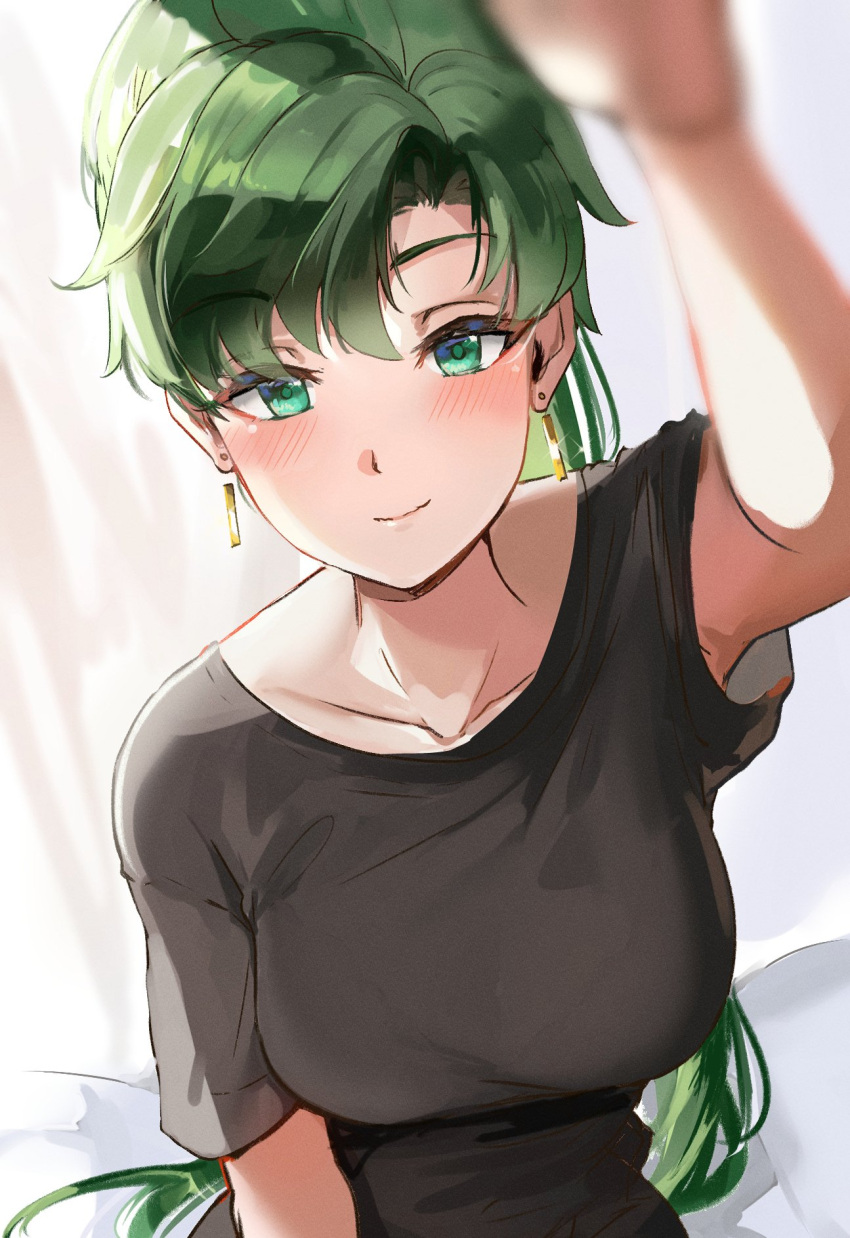 1girl asymmetrical_bangs bangs black_shirt blush breasts closed_mouth collarbone earrings fire_emblem fire_emblem:_the_blazing_blade green_eyes green_hair high_ponytail highres jewelry large_breasts long_hair looking_at_viewer lyn_(fire_emblem) ormille ponytail shirt short_sleeves smile