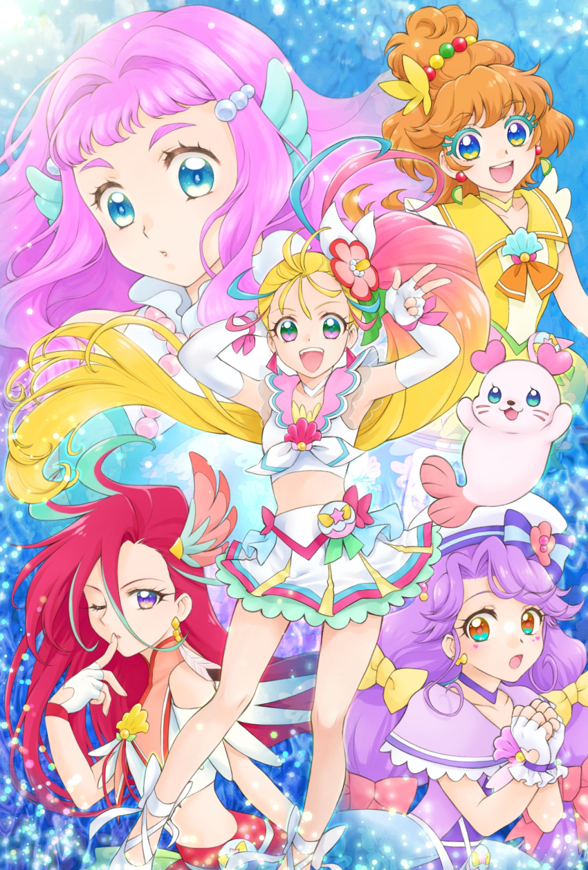 5girls :d aizen_(syoshiyuki) ankle_bow aqua_hair armpits bare_legs blonde_hair blue_background blue_bow blue_eyes blue_hair bow brooch brown_eyes brown_hair butterfly_hair_ornament choker colored_eyelashes creature crop_top cure_coral cure_flamingo cure_papaya cure_summer earrings elbow_gloves facial_mark feather_earrings feathers finger_to_mouth fingerless_gloves flower gloves gradient_hair green_eyes hair_bow hair_bun hair_flower hair_ornament hat hat_bow heart heart_facial_mark heart_in_eye hibiscus highres ichinose_minori jewelry kururun_(precure) laura_la_mer light_particles long_hair looking_at_viewer magical_girl mismatched_eyelashes multi-tied_hair multicolored_eyes multicolored_hair multiple_girls multiple_hair_bows natsuumi_manatsu necktie one_eye_closed open_mouth pink_bow pink_eyes pink_hair pouch precure purple_choker purple_hair red_skirt redhead sailor_hat shoes skirt smile streaked_hair striped striped_bow suzumura_sango symbol_in_eye takizawa_asuka thick_eyebrows thick_eyelashes triangle_earrings tropical-rouge!_precure twintails v very_long_hair violet_eyes white_bow white_footwear white_gloves white_necktie white_skirt wrist_bow yellow_bow yellow_choker yellow_eyes
