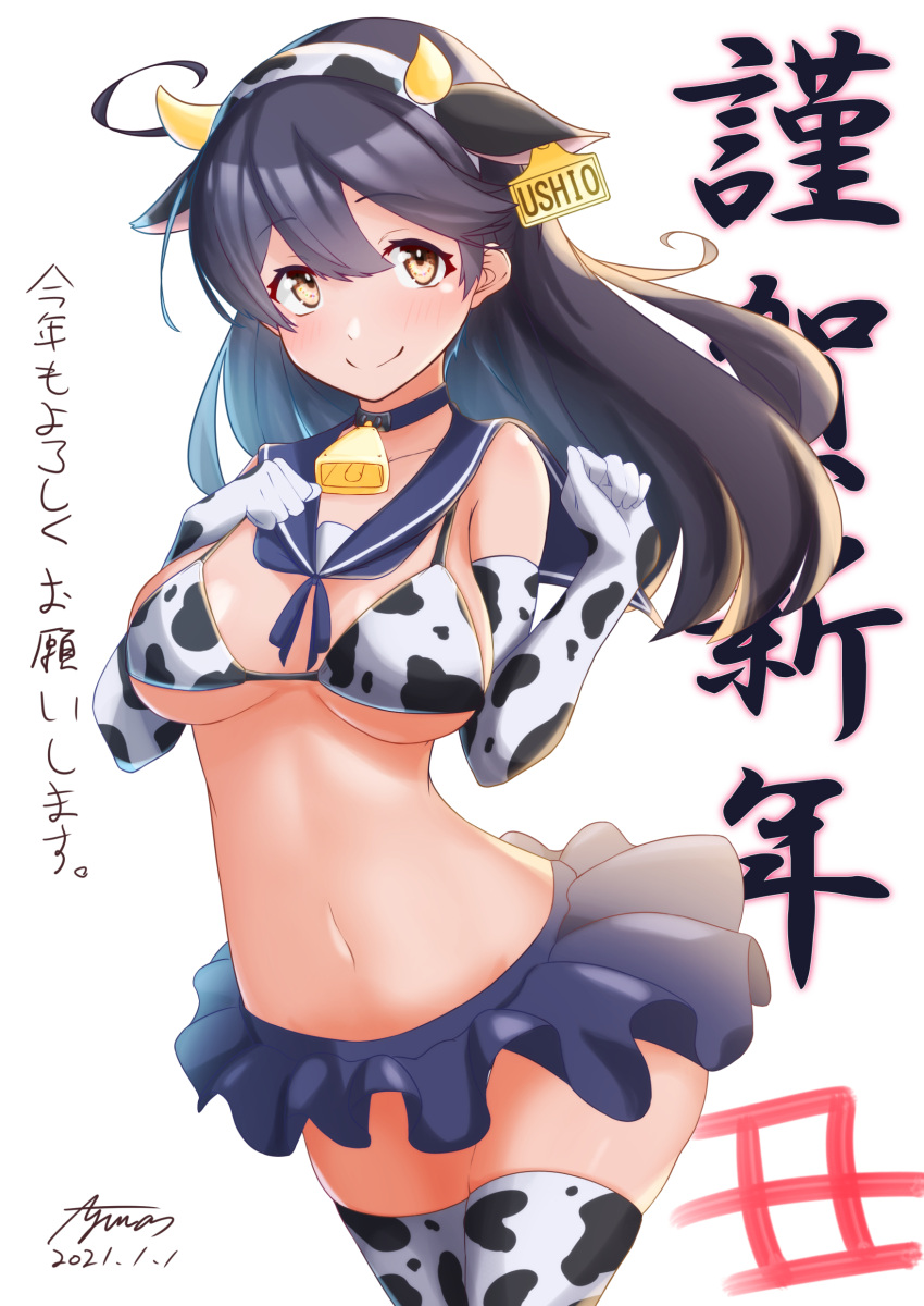 1girl absurdres animal_print ayuman bell black_hair blush brown_eyes closed_mouth cow_horns cow_print cowbell cowboy_shot dated elbow_gloves eyebrows_visible_through_hair gloves hair_between_eyes highres horns kantai_collection long_hair signature simple_background smile solo thigh-highs ushio_(kantai_collection) white_background white_gloves