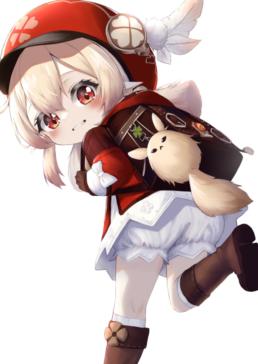 1girl ahoge backpack bag bangs blonde_hair blush cabbie_hat dress from_behind genshin_impact gloves hair_between_eyes hat hat_feather highres hinamayo klee_(genshin_impact) loli long_hair long_sleeves looking_at_viewer low_twintails pointy_ears randoseru red_dress red_eyes red_headwear smile solo twintails white_background