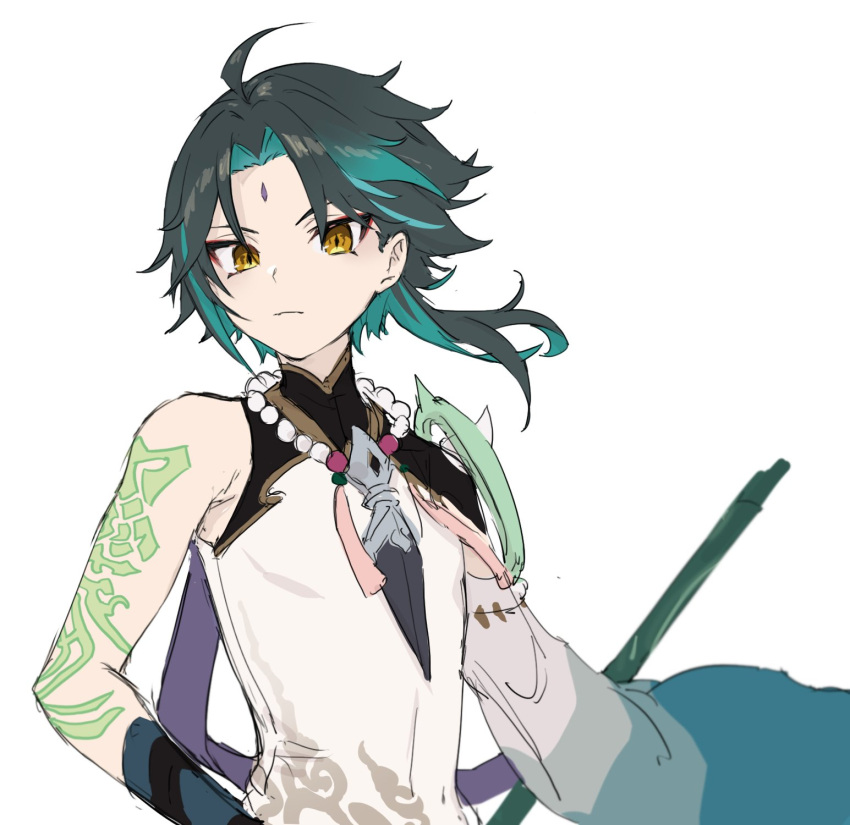 1boy ahoge aki_shou arm_tattoo armor asymmetrical_clothes bead_necklace beads black_hair closed_mouth facial_mark forehead_mark genshin_impact gloves green_hair highres holding holding_weapon jewelry male_focus multicolored_hair necklace polearm shoulder_armor simple_background single_wide_sleeve solo tattoo weapon white_background xiao_(genshin_impact) yellow_eyes