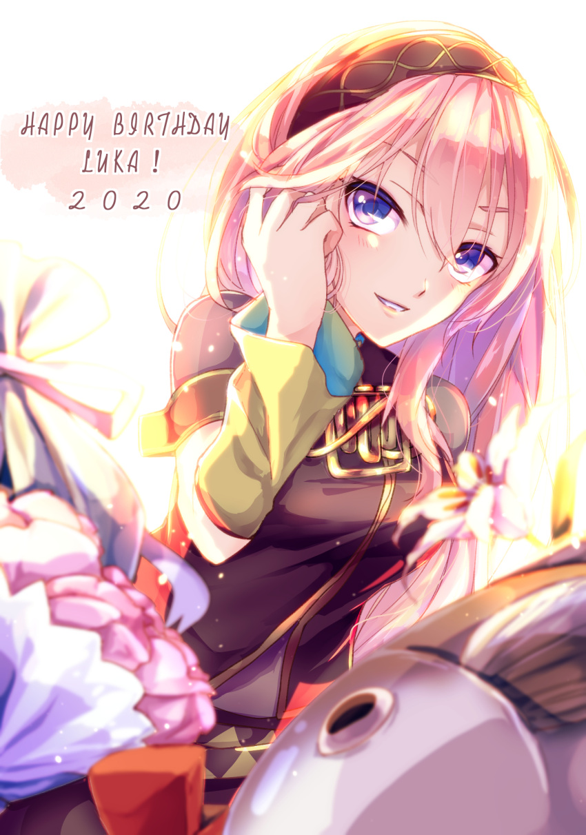 1girl arm_warmers armband belt black_shirt bloom blue_eyes blurry blurry_background bouquet commentary fish flower gold_trim grin hand_in_hair happy_birthday harusamesyota headband highres long_hair megurine_luka pink_flower pink_hair shirt short_sleeves smile solo tuna vocaloid yellow_sleeves