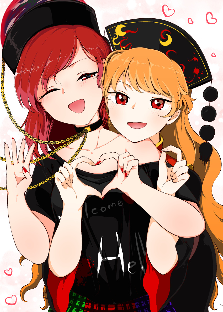 2girls :d ;d absurdres bangs black_shirt blonde_hair blush chain chinese_clothes choker eyebrows_behind_hair gradient gradient_background hat head_on_another's_shoulder head_rest head_tilt heart heart_hands heart_hands_duo hecatia_lapislazuli highres junko_(touhou) kaisenpurin long_hair looking_at_viewer medium_hair multicolored multicolored_clothes multicolored_skirt multiple_girls nail_polish off-shoulder_shirt off_shoulder one_eye_closed open_mouth orange_hair pink_background plaid plaid_skirt red_eyes red_nails redhead shirt short_sleeves skirt smile swept_bangs t-shirt touhou upper_body wide_sleeves yuri