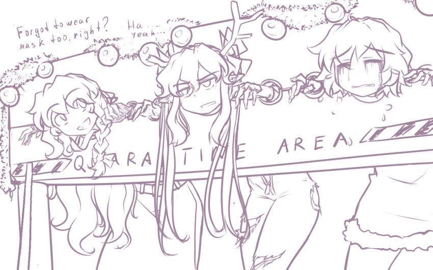 3girls animal_costume annoyed antlers bangs belt bow braid broken_antler christmas_ornaments closed_eyes crying earrings english_commentary english_text eyebrows_visible_through_hair hair_between_eyes hair_bow hair_ribbon hater_(hatater) himekaidou_hatate jewelry jitome kirisame_marisa long_hair looking_ahead looking_to_the_side makeup multiple_girls ornament pillory pointy_ears ranguage reindeer_antlers reindeer_costume ribbon short_hair single_braid smile tatara_kogasa torn_clothes touhou twintails unzipped