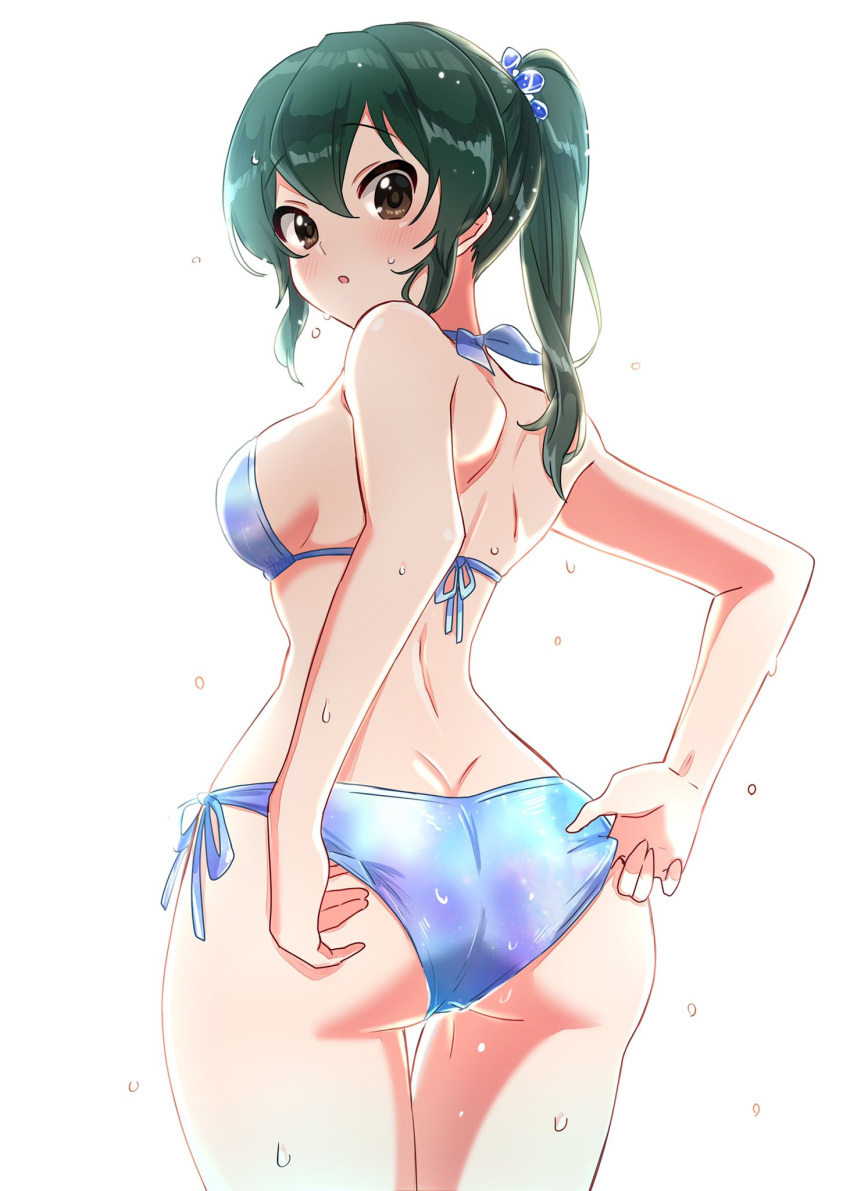 100_hitsuji 1girl adjusting_clothes adjusting_swimsuit ass bikini blue_bikini blue_hair blush breasts brown_eyes from_behind hair_ornament hair_scrunchie highres idolmaster idolmaster_cinderella_girls long_hair looking_back medium_breasts ooishi_izumi open_mouth ponytail scrunchie simple_background solo swimsuit thigh_gap wet white_background