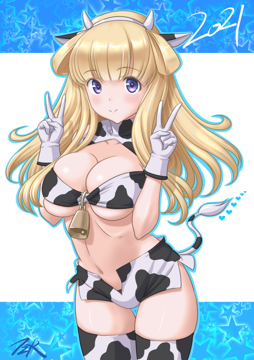 1girl 2021 animal_ears animal_print bikini bikini_top blonde_hair blue_eyes breasts chinese_zodiac commentary_request cow_ears cow_print cow_tail cowboy_shot double_bun double_v fletcher_(kantai_collection) gloves highres horns kantai_collection large_breasts long_hair looking_at_viewer short_shorts shorts solo standing swimsuit t2r tail thigh-highs v white_gloves year_of_the_ox