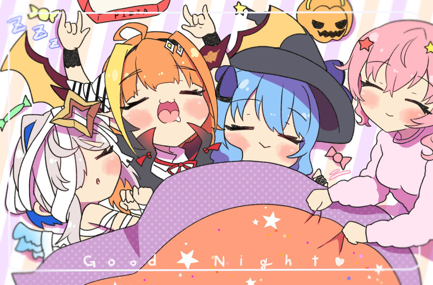 4girls ahoge alternate_costume amane_kanata anemachi angel angel_wings arms_up bandages bangs black_bow black_hairband blonde_hair blue_hair blunt_bangs blush bow bowtie candy closed_eyes closed_mouth collared_shirt colored_inner_hair commentary_request doukyo's dragon_girl dragon_horns dragon_wings drooling english_text eyebrows_visible_through_hair facing_another feathered_wings food hair_ornament hairband halloween halloween_bucket halloween_costume halo hat highlights highres holding_blanket hololive horn_bow horns hoshimachi_suisei kiryuu_coco long_hair multicolored multicolored_bow multicolored_hair multiple_girls mummy_costume open_mouth orange_hair pink_hair pink_sweater pizza_box pointy_ears saliva shirt short_hair silver_hair sleeping smile star_(symbol) star_hair_ornament streaked_hair striped striped_background sweater text_focus under_covers vampire_costume virtual_youtuber wavy_hair white_bow wings witch witch_hat yukito_(hoshizora) zzz