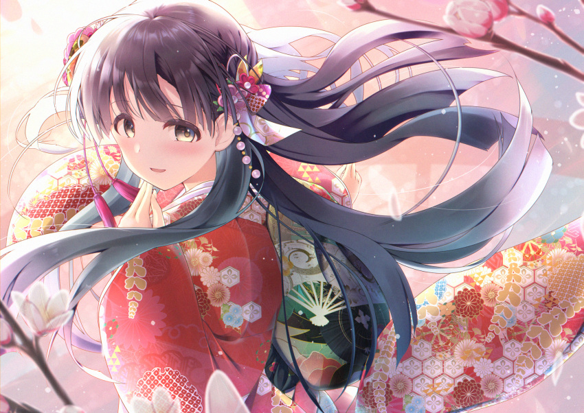 1girl akisaka_yamoka bangs black_hair blunt_bangs blurry branch brown_eyes cherry_blossoms commentary_request depth_of_field eyebrows_visible_through_hair floral_print flower hair_blowing hair_flower hair_ornament highres idolmaster idolmaster_cinderella_girls japanese_clothes kimono kobayakawa_sae looking_at_viewer looking_to_the_side new_year open_mouth petals print_kimono red_kimono smile solo upper_body wide_sleeves