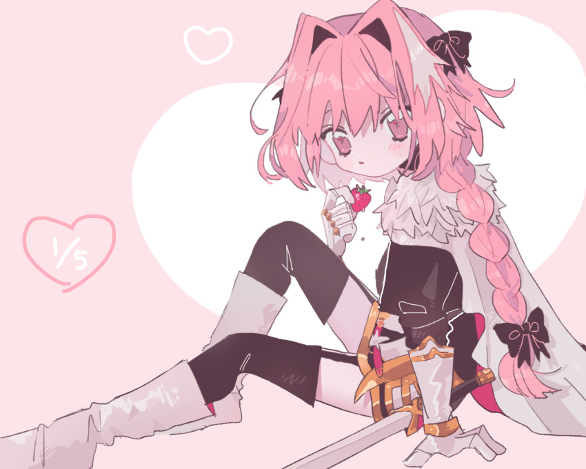 1boy astolfo_(fate) awa. black_bow black_legwear black_skirt boots bow braid cloak fate_(series) food fruit fur-trimmed_cloak fur_trim hair_bow hair_intakes holding holding_food holding_fruit long_braid long_hair multicolored_hair otoko_no_ko pink_background pink_eyes pink_hair simple_background single_braid skirt strawberry strawberry_day streaked_hair sword thigh-highs thigh_boots weapon white_cloak white_footwear white_hair