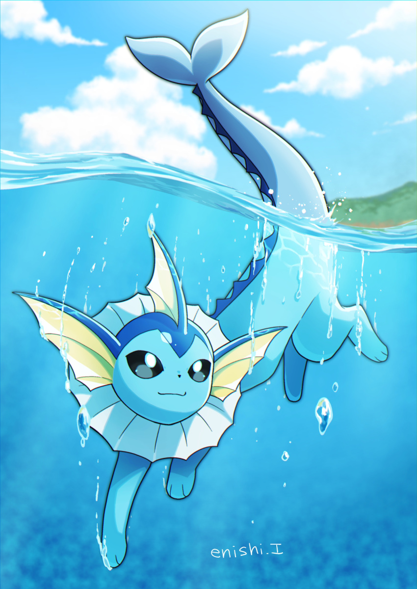 :3 air_bubble black_eyes blue_sky blue_theme bubble closed_mouth clouds cloudy_sky commentary_request creature day enishi_(menkura-rin10) full_body gen_1_pokemon happy highres no_humans outdoors partially_submerged pokemon pokemon_(creature) signature sky smile solo swimming vaporeon