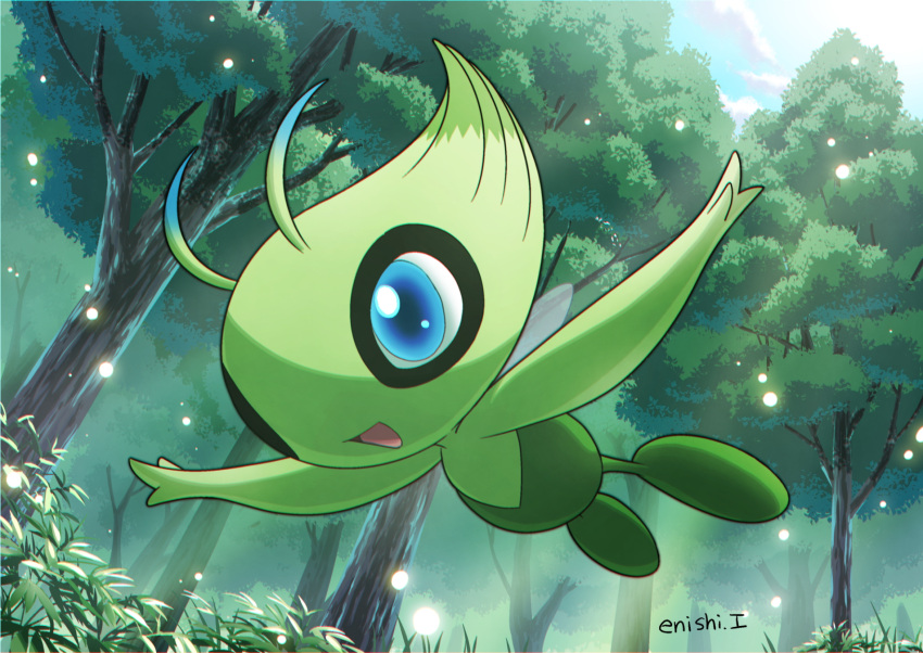 :d blue_eyes blue_sky celebi clouds cloudy_sky commentary_request creature day enishi_(menkura-rin10) flying forest full_body gen_2_pokemon grass happy highres mythical_pokemon nature no_humans open_arms open_mouth outdoors pokemon pokemon_(creature) signature sky smile solo sunlight tree