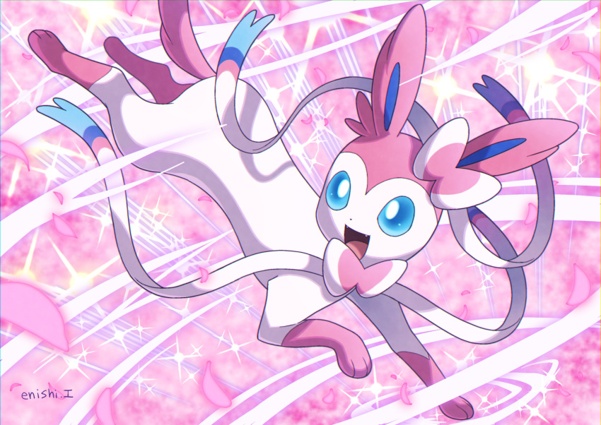 blue_eyes commentary_request enishi_(menkura-rin10) fangs gen_6_pokemon highres no_humans open_mouth paws petals pokemon pokemon_(creature) signature smile solo sylveon toes tongue