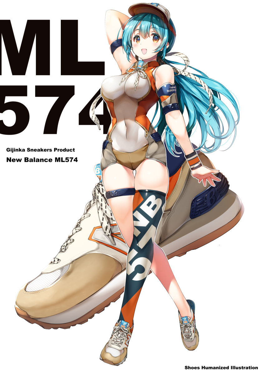 1girl arm_behind_head blue_hair commentary_request english_text eyebrows_visible_through_hair fashion gradient_eyes hair_between_eyes highres long_hair multicolored multicolored_eyes new_balance open_mouth original personification shimesaba_kohada shoes single_thighhigh sneakers solo thigh-highs visor_cap white_background