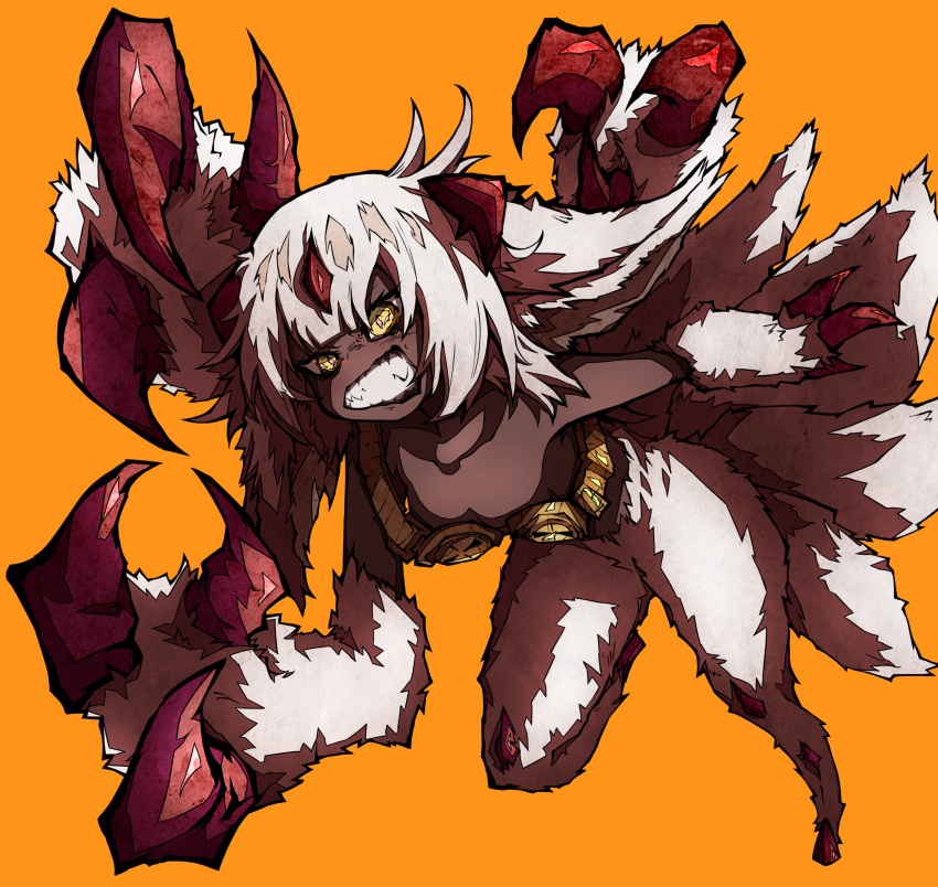 1girl absurdres claws clenched_teeth collarbone dark_skin extra_arms faputa fewer_digits foreshortening fur highres horns kekel long_hair made_in_abyss simple_background smirk solo teeth white_hair yellow_background yellow_eyes