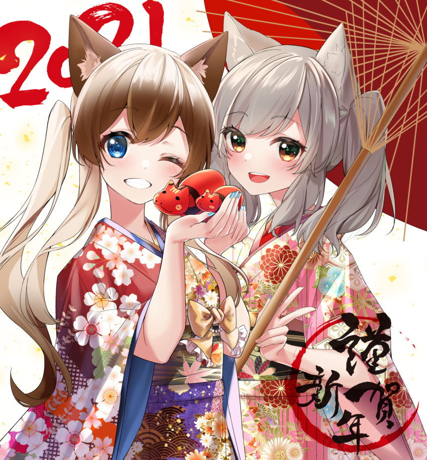 2021 2girls :d animal_ear_fluff animal_ears blue_eyes blue_nails bow brown_bow brown_eyes brown_hair cat_ears commentary english_commentary floral_print grey_hair hands_up highres holding holding_umbrella japanese_clothes kimono long_hair long_sleeves looking_at_viewer multiple_girls nail_polish new_year obi oil-paper_umbrella open_mouth original pink_kimono print_kimono red_kimono red_umbrella rukinya_(nyanko_mogumogu) sash short_sleeves sidelocks simple_background smile twintails umbrella upper_teeth v very_long_hair white_background wide_sleeves