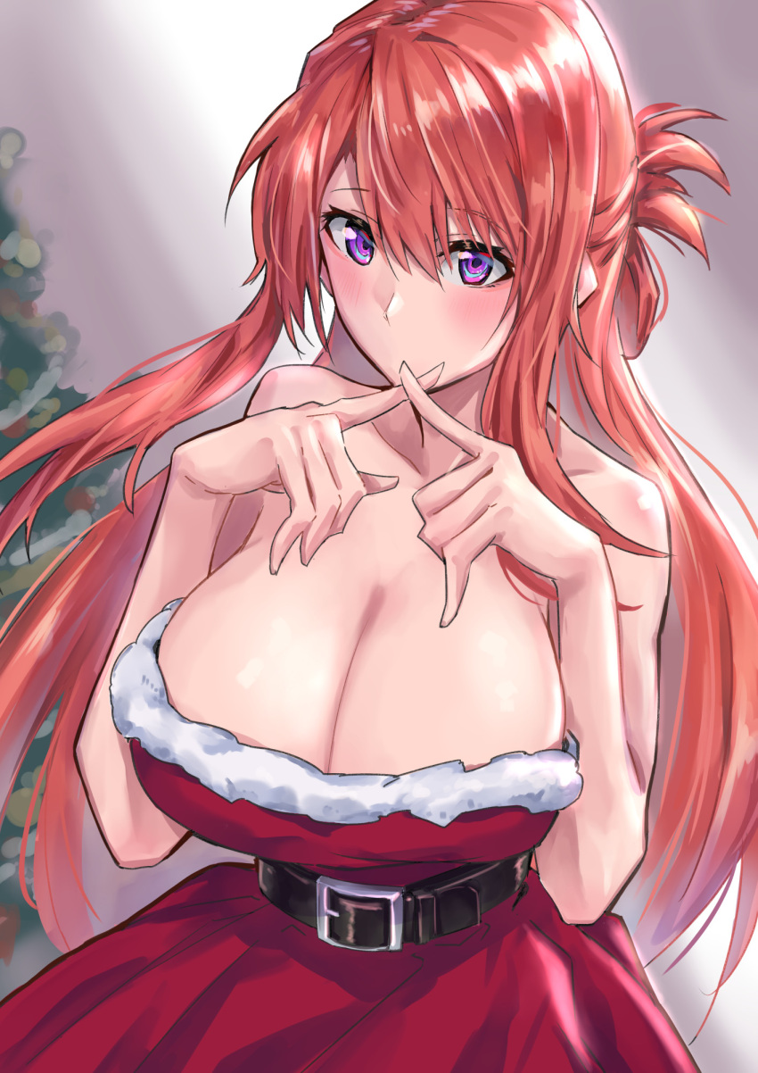 1girl aqua_eyes bangs bare_arms bare_shoulders belt belt_buckle blurry blurry_background blush breasts buckle christmas_tree collarbone commentary dress eyebrows_visible_through_hair fingers fingers_together folded_ponytail hair_between_eyes half_updo hands_up high_belt highres large_breasts long_hair looking_away low_neckline multicolored multicolored_eyes no_mouth original red_dress redhead sakazuki_sudama santa_costume sidelocks sleeveless sleeveless_dress solo strapless strapless_dress upper_body violet_eyes