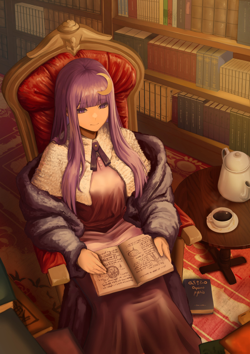 1girl absurdres bangs blunt_bangs book bookshelf breasts capelet carpet chair closed_mouth crescent crescent_hair_ornament cup dress dryseaweed expressionless from_above hair_ornament highres indoors korean_commentary large_breasts long_hair patchouli_knowledge purple_dress purple_hair reading saucer sidelocks sitting solo table tea teacup teapot touhou violet_eyes