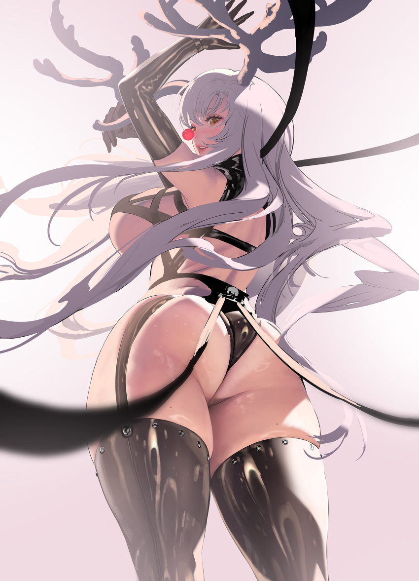 1girl ass bare_shoulders black_gloves black_legwear black_panties breasts clown_nose elbow_gloves from_behind gloves highres horns hyulla large_breasts leather light_purple_hair long_hair looking_back original panties shiny shiny_clothes shiny_skin simple_background skindentation solo thigh-highs thigh_strap underwear very_long_hair