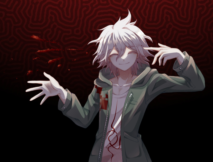 1boy bangs blood blood_splatter cha_ji closed_eyes closed_mouth coat collarbone commentary_request cowboy_shot dangan_ronpa_(series) dangan_ronpa_2:_goodbye_despair eyebrows_visible_through_hair finger_gun finger_gun_to_head green_coat grey_hair hair_between_eyes hands_up highres hood hood_down hooded_jacket jacket komaeda_nagito long_sleeves male_focus medium_hair messy_hair open_clothes open_jacket print_shirt shirt smile solo white_shirt