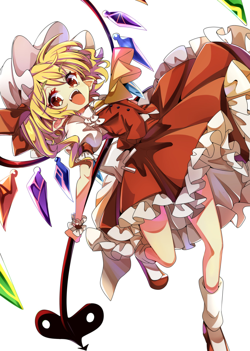 1girl absurdres ascot baba_(baba_seimaijo) blonde_hair bobby_socks bow brown_footwear buttons collared_shirt crystal eyebrows_visible_through_hair flandre_scarlet frilled_skirt frills hair_bow highres holding holding_weapon laevatein_(tail) leg_up looking_at_viewer medium_hair one_side_up open_mouth pointy_ears puffy_short_sleeves puffy_sleeves red_bow red_eyes red_skirt red_vest shirt short_sleeves side_ponytail simple_background skirt skirt_set smile socks solo tail teeth touhou vest weapon white_background white_headwear white_legwear white_shirt wings wrist_cuffs yellow_neckwear