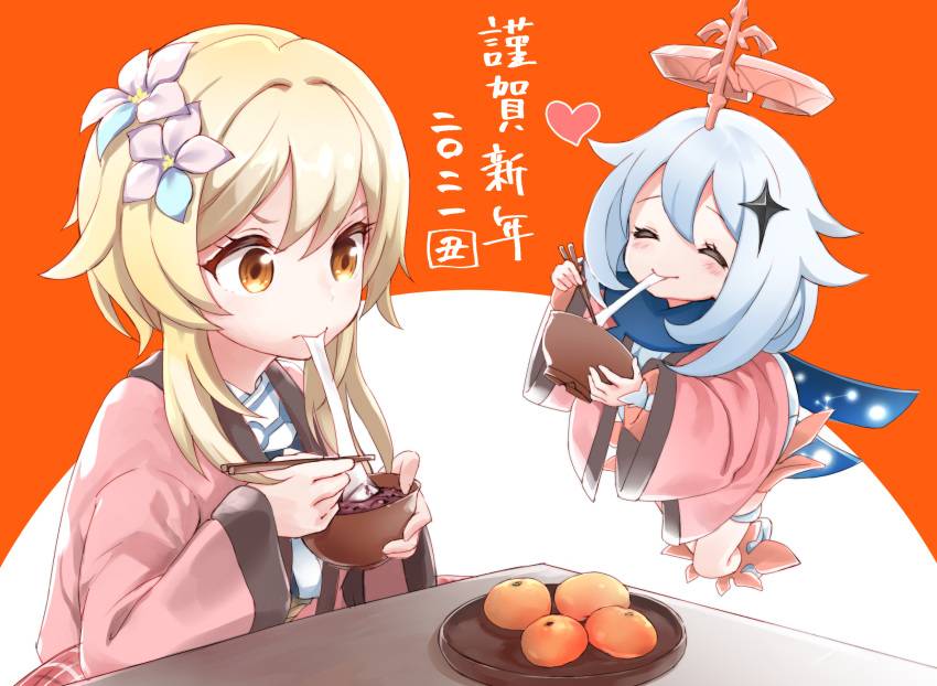 2girls bangs blonde_hair blush boots bowl brown_eyes chopsticks closed_eyes closed_mouth commentary_request eating eyebrows_visible_through_hair flower food fruit genshin_impact hair_between_eyes hair_flower hair_ornament halo heart highres holding holding_bowl holding_chopsticks japanese_clothes kimono knee_boots kotatsu long_hair lumine_(genshin_impact) mandarin_orange minigirl mochi multiple_girls open_clothes paimon_(genshin_impact) pink_flower red_background silver_hair sota table translation_request two-tone_background white_background white_footwear white_kimono