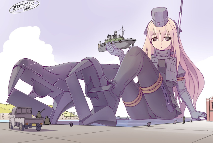 1girl artist_name black_dress blonde_hair cropped_jacket day dress elbow_gloves eyebrows_visible_through_hair garrison_cap giant giantess gloves grey_eyes grey_gloves grey_headwear grey_jacket ground_vehicle hair_between_eyes hat highres jacket kantai_collection long_hair motor_vehicle rudder_footwear seo_tatsuya solo truck u-511_(kantai_collection)