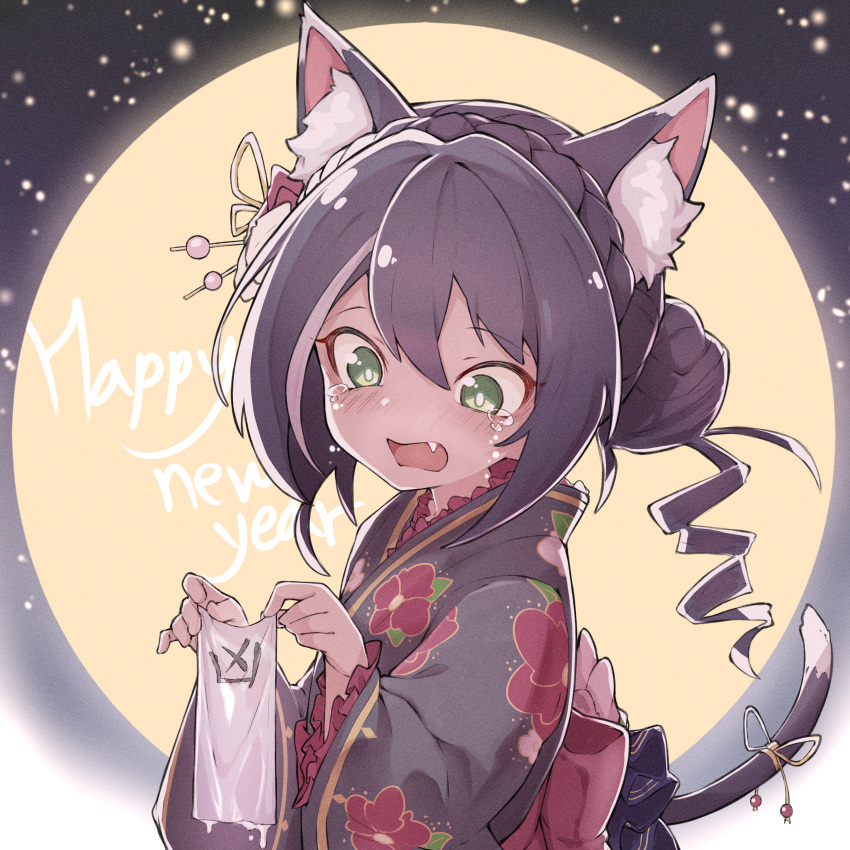 1girl absurdres alternate_hairstyle animal_ear_fluff animal_ears black_hair black_kimono blush cat_ears cat_ribbon cat_tail fang floral_print full_moon green_eyes hair_ornament hair_stick happy_new_year highres huge_filesize japanese_clothes karyl_(princess_connect!) kimono mmhomm moon multicolored_hair new_year open_mouth princess_connect! princess_connect!_re:dive solo streaked_hair tail tears white_hair