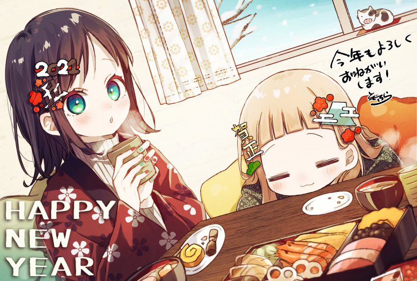 2021 2girls =_= bangs black_hair blue_nails blush bowl brown_hair chinese_zodiac closed_eyes closed_mouth commentary_request cow cup curtains day dutch_angle egasumi floral_print flower greyscale hair_flower hair_ornament hairclip happy_new_year highres holding holding_cup indoors kotatsu long_hair long_sleeves looking_at_viewer monochrome mount_fuji multicolored multicolored_nails multiple_girls nail_polish new_year open_clothes original parted_bangs parted_lips red_flower red_nails ribbed_sweater snowing sofra steam sweater table turtleneck turtleneck_sweater white_nails white_sweater wide_sleeves window year_of_the_ox yunomi