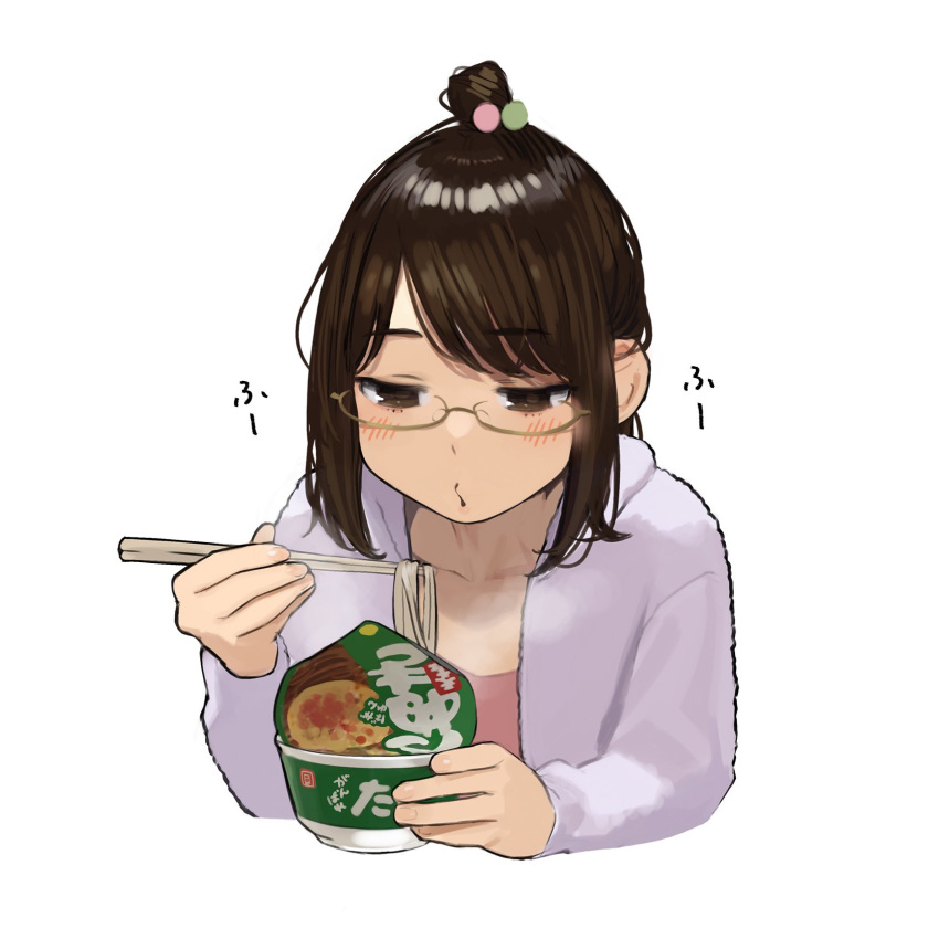 1girl blowing_on_food blush brown_hair chopsticks commentary_request douki-chan_(yomu_(sgt_epper)) eating eyebrows_visible_through_hair food ganbare_douki-chan glasses highres noodles open_mouth ramen ramen simple_background solo tied_hair white_background yomu_(sgt_epper)