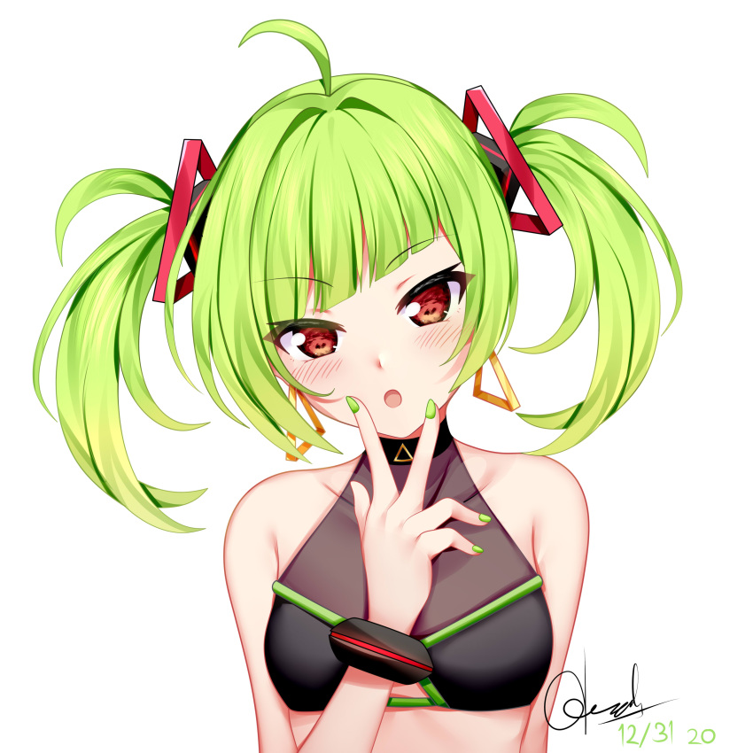 1girl :o absurdres ahoge bangs bare_shoulders blush breasts chrisandita collarbone commentary copyright_request covered_collarbone crop_top dated delutaya diagonal_bangs earrings eyebrows_visible_through_hair green_hair green_nails head_tilt highres indie_virtual_youtuber jewelry looking_at_viewer nail_polish parted_lips red_eyes signature simple_background small_breasts solo twintails upper_body v_over_mouth virtual_youtuber white_background