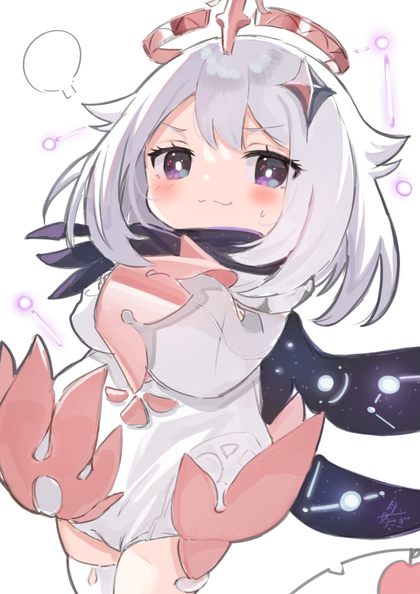 1girl bangs blush closed_mouth commentary_request crossed_arms dress eyebrows_visible_through_hair genshin_impact halo highres long_sleeves looking_at_viewer paimon_(genshin_impact) silver_hair single_thighhigh sleeves_past_wrists smile solo sweat thigh-highs tsukiman violet_eyes white_background white_dress white_legwear wide_sleeves