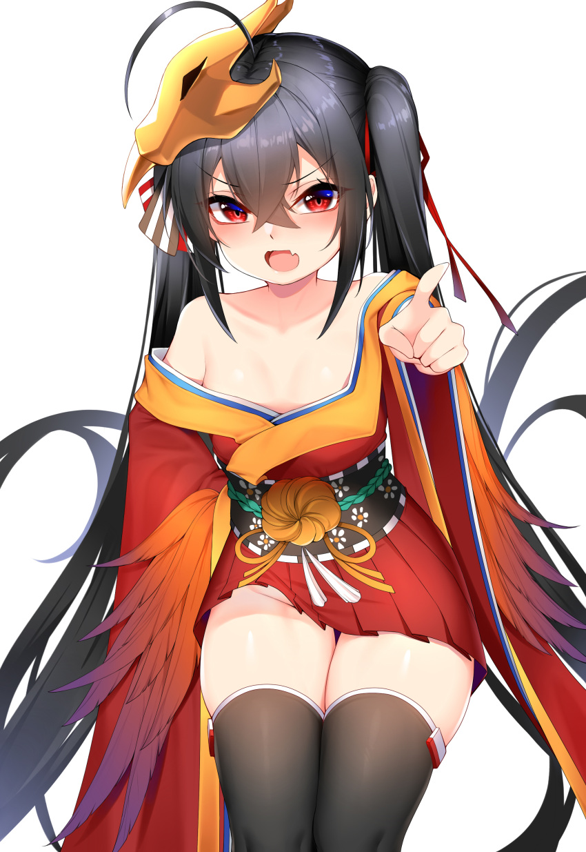 1girl absurdres ahoge azur_lane bangs bare_shoulders black_hair black_legwear blush chixiao collarbone crossed_bangs eyebrows_visible_through_hair feather-trimmed_sleeves hair_between_eyes hair_ribbon highres long_hair long_sleeves looking_at_viewer mask mask_on_head no_panties obi off-shoulder_kimono open_mouth outstretched_arm pointing pointing_at_viewer red_eyes ribbon sash simple_background solo taihou_(azur_lane) thigh-highs thighs tied_hair twintails very_long_hair white_background wide_sleeves younger