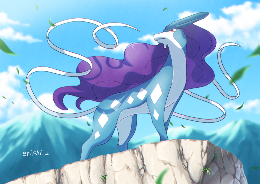 blurry clouds commentary_request day enishi_(menkura-rin10) from_below gen_2_pokemon highres leaves_in_wind legendary_pokemon looking_back mountainous_horizon no_humans outdoors pokemon pokemon_(creature) signature sky solo standing suicune