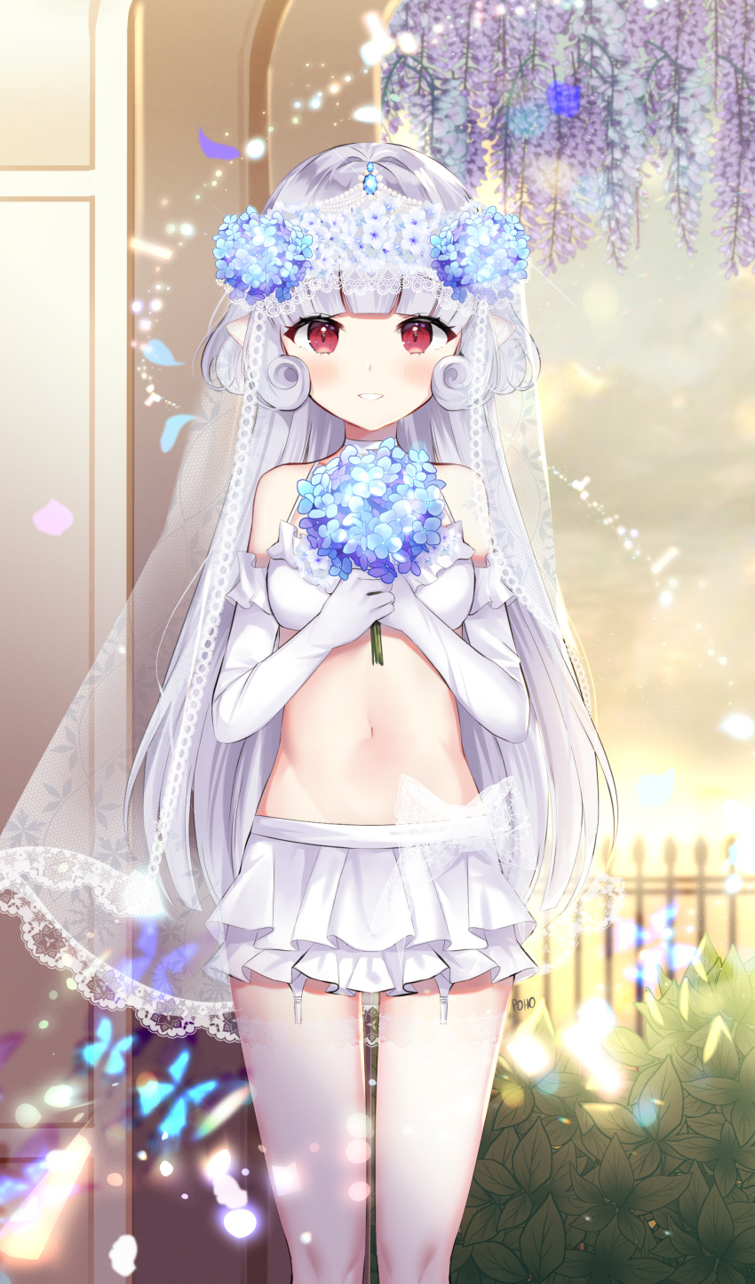 1girl absurdres bare_shoulders blue_flower bouquet breasts bug butterfly choker commission crop_top curly_hair dungeon_and_fighter elbow_gloves flower garter_straps gloves hands_on_own_chest highres holding insect layered_skirt long_hair looking_at_viewer medium_breasts midriff miniskirt navel parted_lips poho pointy_ears red_eyes shirt sidelocks silver_hair skirt sleeveless sleeveless_shirt smile solo spaghetti_strap standing stomach thigh-highs thighs veil wedding white_choker white_gloves white_legwear white_shirt white_skirt wisteria zettai_ryouiki