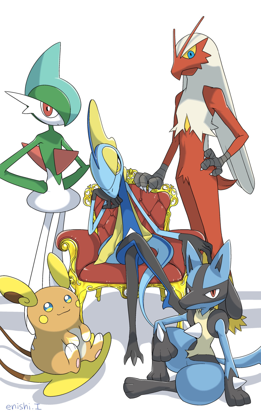 alolan_form alolan_raichu blaziken blue_eyes brown_eyes closed_mouth creature enishi_(menkura-rin10) expressionless gallade gen_3_pokemon gen_4_pokemon gen_7_pokemon gen_8_pokemon highres inteleon looking_at_viewer lucario no_humans pokemon pokemon_(creature) signature simple_background sitting smile standing white_background yellow_eyes