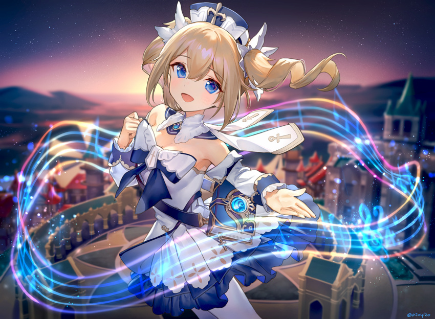 1girl ainy architecture barbara_(genshin_impact) blonde_hair blue_dress blue_eyes blue_headwear blurry blurry_background book bow city detached_sleeves dress drill_hair evening genshin_impact hand_up latin_cross looking_at_viewer magic musical_note off-shoulder_dress off_shoulder outdoors outstretched_arm outstretched_hand pantyhose priestess scenery smile solo staff_(music) tower twin_drills twintails two-tone_dress white_dress white_legwear white_sleeves