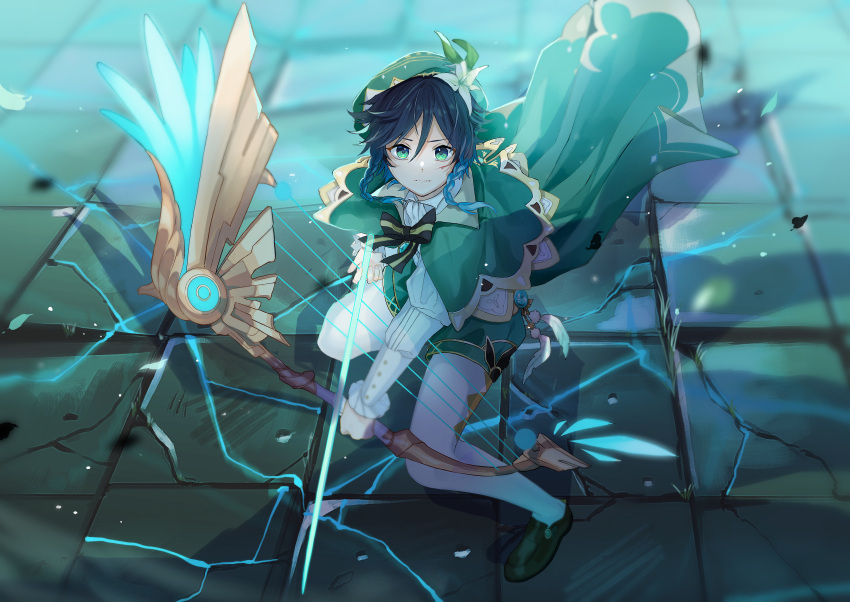 1boy absurdres arrow_(projectile) black_hair blue_hair bow bow_(weapon) braid cape closed_mouth crack cracked_floor feathers flower frilled_sleeves frills gem genshin_impact gradient_hair green_eyes green_headwear hair_flower hair_ornament hat highres holding holding_bow_(weapon) holding_weapon jewelry leaf long_sleeves looking_at_viewer male_focus multicolored_hair nakura_hakuto otoko_no_ko ribbon shorts solo stone_floor tile_floor tiles twin_braids venti_(genshin_impact) vision_(genshin_impact) weapon white_flower white_legwear