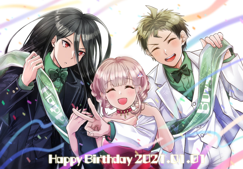 1girl 2boys :&lt; :d ahoge alternate_hairstyle arm_grab bangs black_hair black_jacket black_suit blush bow brown_hair closed_eyes collarbone collared_shirt commentary_request dated dress dual_persona eyebrows_visible_through_hair facing_viewer formal green_bow green_shirt hair_ornament hairclip hands_up happy_birthday highres hinata_hajime jacket kamukura_izuru long_hair looking_at_another multiple_boys murasaki_(deceive138) nanami_chiaki open_mouth pants pink_dress red_eyes shirt short_hair smile suit v white_pants white_suit