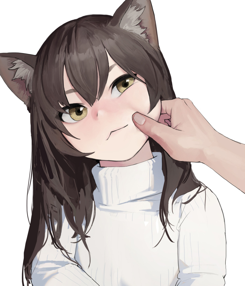 1girl :&lt; animal_ear_fluff animal_ears bangs brown_eyes brown_hair cat cat_ears cheek_pinching closed_mouth derivative_work dongho_kang head_tilt highres long_hair looking_at_viewer original photo_inset pinching ribbed_sweater simple_background solo_focus sweater turtleneck turtleneck_sweater white_background yellow_eyes