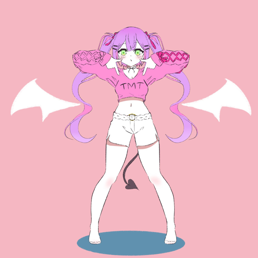 1girl alternate_costume arms_up bare_legs barefoot belt blush commentary_request crop_top demon_girl demon_tail demon_wings dot_nose eyebrows_visible_through_hair fingers_to_cheeks green_eyes hair_ornament hair_ribbon hairclip highres hololive jewelry long_hair matsuu midriff necklace pink_background purple_hair red_ribbon ribbon shadow shorts simple_background sleepwear solo standing stomach tail tokoyami_towa twintails very_long_hair virtual_youtuber white_shorts wings