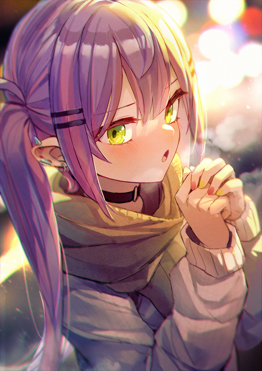 1girl black_choker blush choker coat cold green_eyes hair_ornament hairclip highres hololive long_hair long_sleeves looking_at_viewer mr.lime multicolored multicolored_nails nail_polish purple_hair red_nails scarf solo tokoyami_towa twintails upper_body virtual_youtuber white_coat yellow_nails yellow_scarf